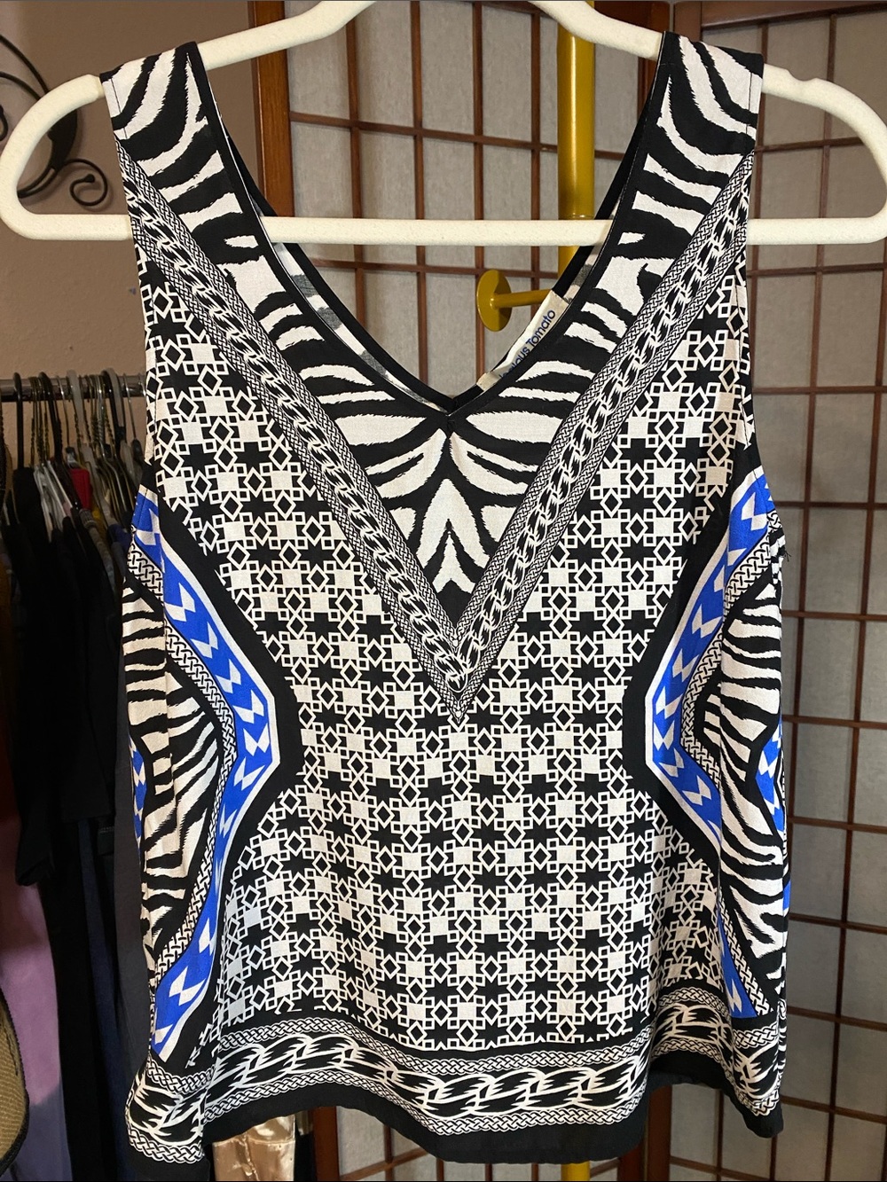 Jealous Tomato Black & White Geometric Zebra V-Neck Tank